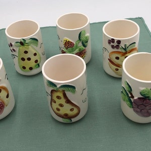 Vintage Set of 6 Juice Glasses Retro Raised hand Painted Fruit on one side of glasses. Ceramic