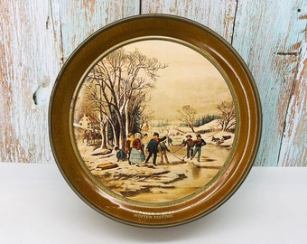 Vintage Cookie Tin, Currier & Ives Winter Pastime, 10" Cookie Tin, Lidded Cookie Tin, 1970's cookie tin, good condition, Currier Ives tin