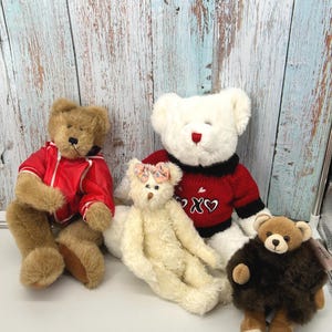 May include: Four plush teddy bears in various sizes and colors. One bear wears a red jacket, another a red sweater with "XOXO" on it, and a third has a pink bow. The bears are brown, white, and cream-colored.