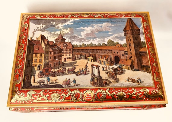 Vintage Otto Schmidt Cookie Box: Nuremberg Plaza Scene, W. Germany