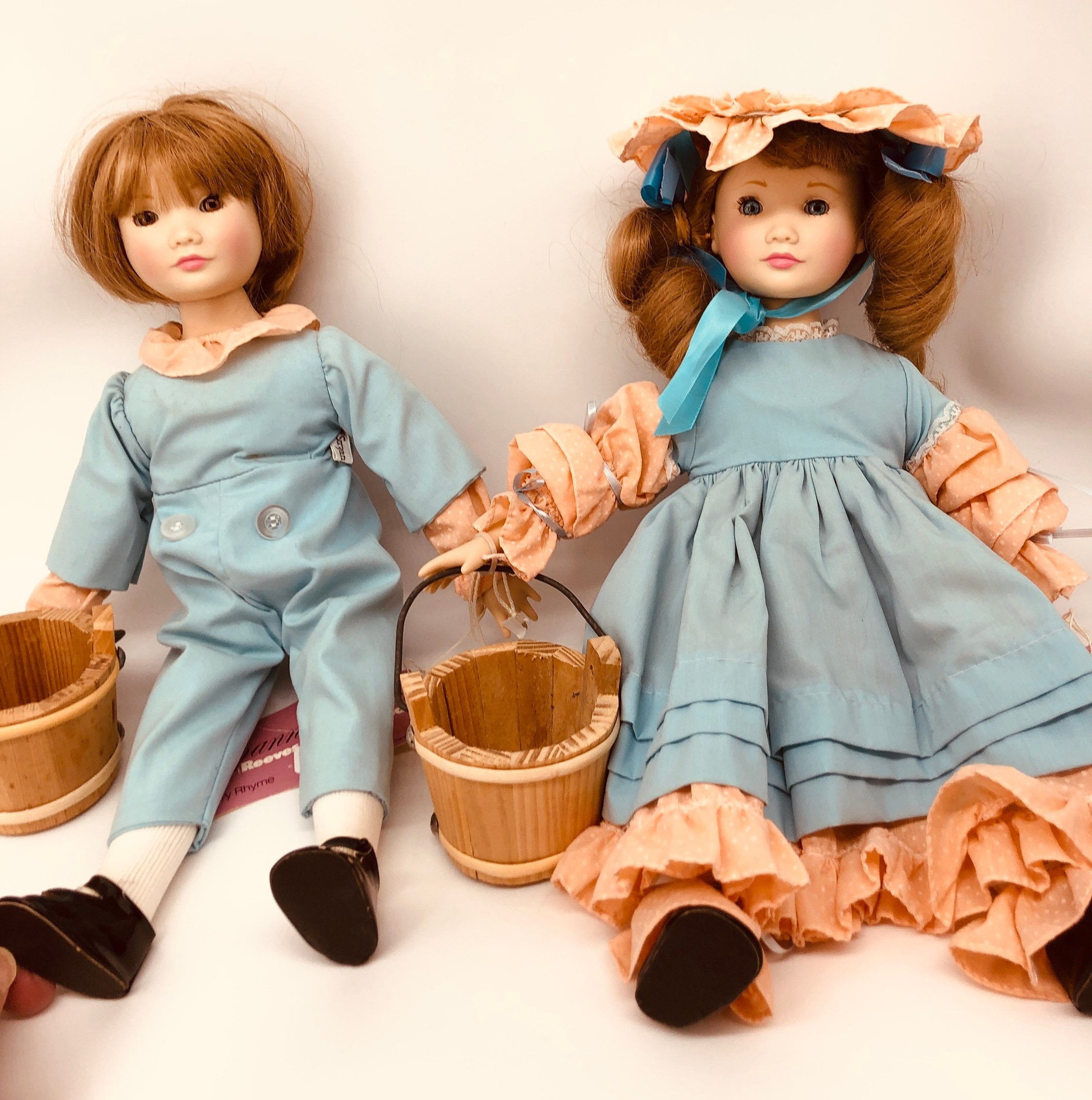 Vintage Jack and Jill dolls, Suzanne Gibson dolls, Nursery Rhyme series, wooden buckets, 3280
