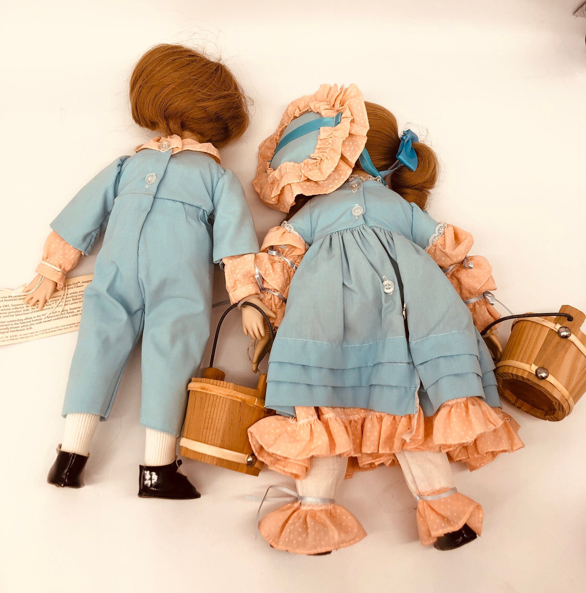 Vintage Jack and Jill dolls, Suzanne Gibson dolls, Nursery Rhyme series, wooden buckets, 3280