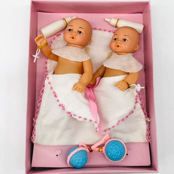 Vintage Shackman & Co Old Fashioned Celluloid-Style Twins, Baby Dolls, 6", 1983, blanket, rattles, bottles, pacifiers