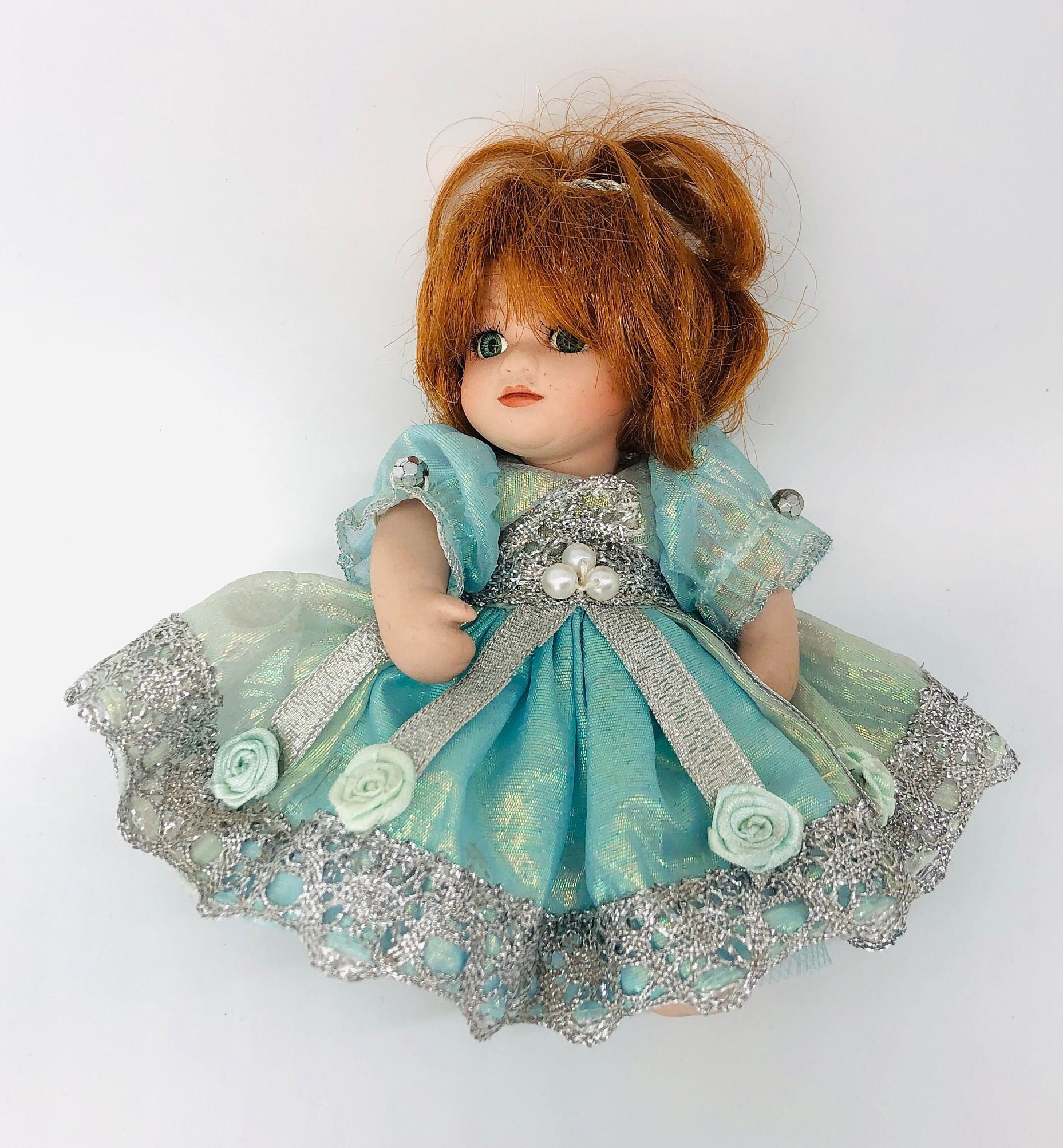 Vintage AEL Porcelain Angel Doll: Blue Taffeta Dress, Silver Lace