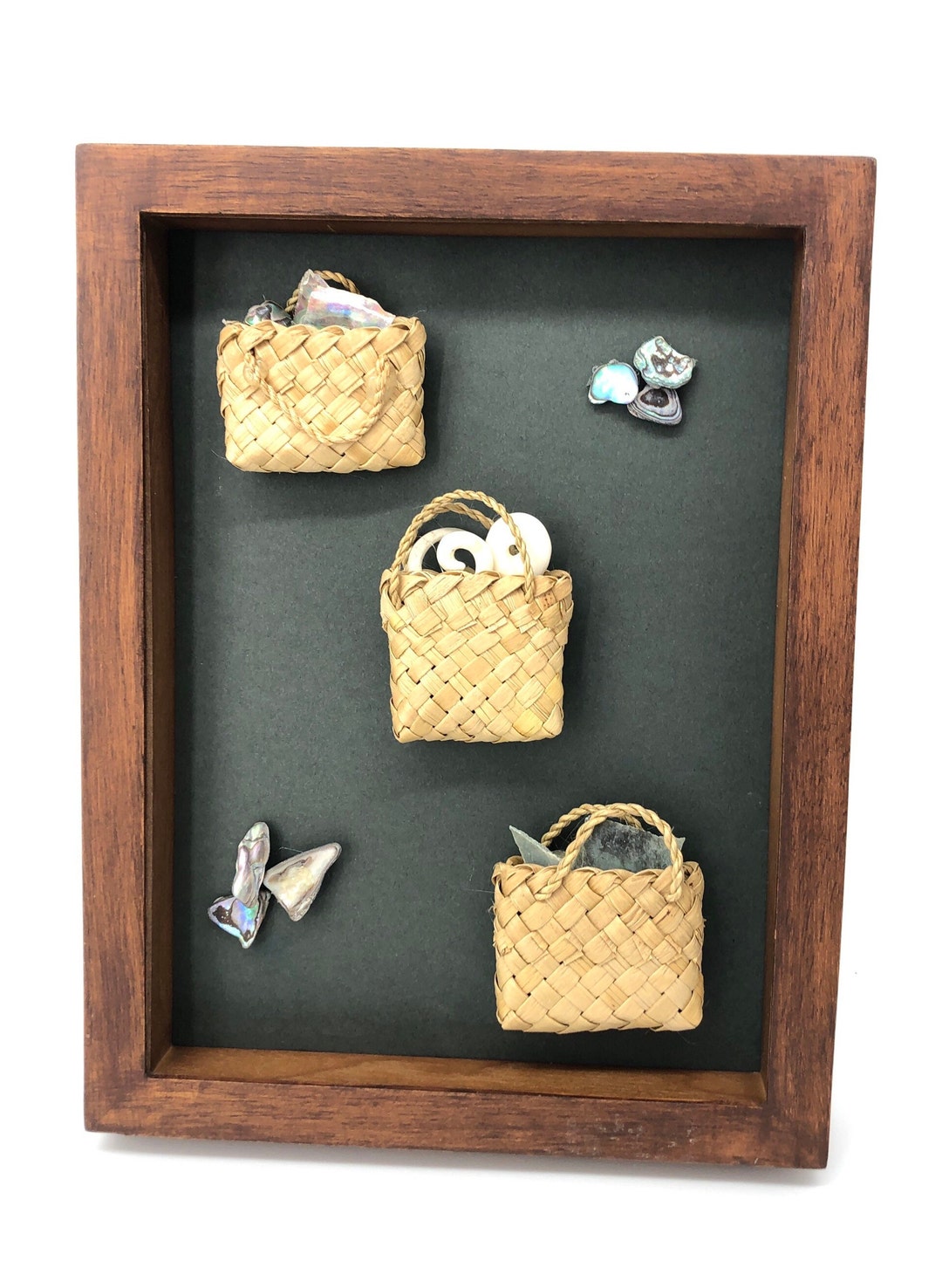 Vintage Shadow Box, Maori Legend three Kete Three Baskets of Knowledge