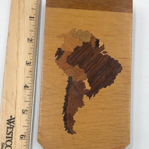 Vintage brasilianische Notizblockhalter Intarsienholz, brasilianische Holzeinlage, 3x5 "Notizblockhalter, südamerikanische Karte eingelegtes Holz