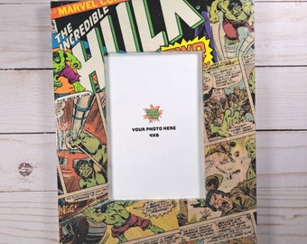 Marco de fotos de Hulk - Marco de madera con decoupage de cómic - Marvel Avengers Increíble Hulk - Decoración de Marvel - Regalo de Marvel - She-Hulk - Regalo de Hulk