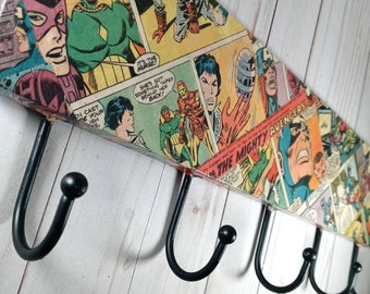 Custom Superhero Wall Coat and Hat Rack - Choose Your Character - Wall Rack Made with Real Comic Books - Bedroom Decor - Superhero Hooks
