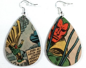 Vision Comic Book Earrings - Handmade Wooden Teardrop Earrings - Vintage Comic Book Jewelry - Wanda Vision - Bridal Gift - Superhero Earring