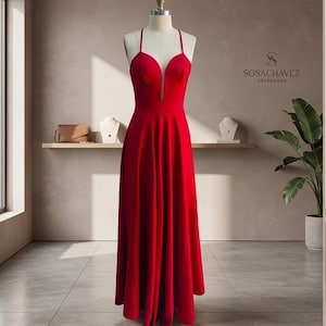 Vestido Largo Rojo Satinado, Vestido de Noche Hecho a Mano, Pieza Única Talla S, Vestido de Gala con Espalda Cruzada y Escote Ilusión