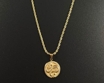 Snake Robe Chain Necklace, Snake Medallion Necklace, Gold Necklace, Medallion Necklace, Snake Necklace