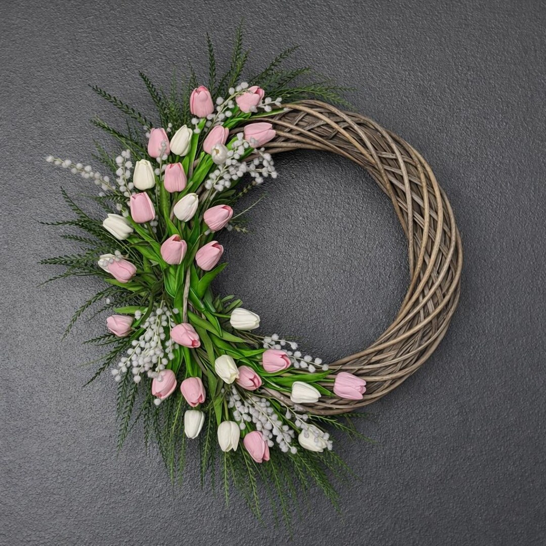 Spring Tulip Wreath for Front Door, Pink and White Floral Door Wreath ...