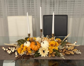 Fall Centerpiece with Pumpkins and Candles | Thanksgiving Table Decor | Autumn Floral Arrangement