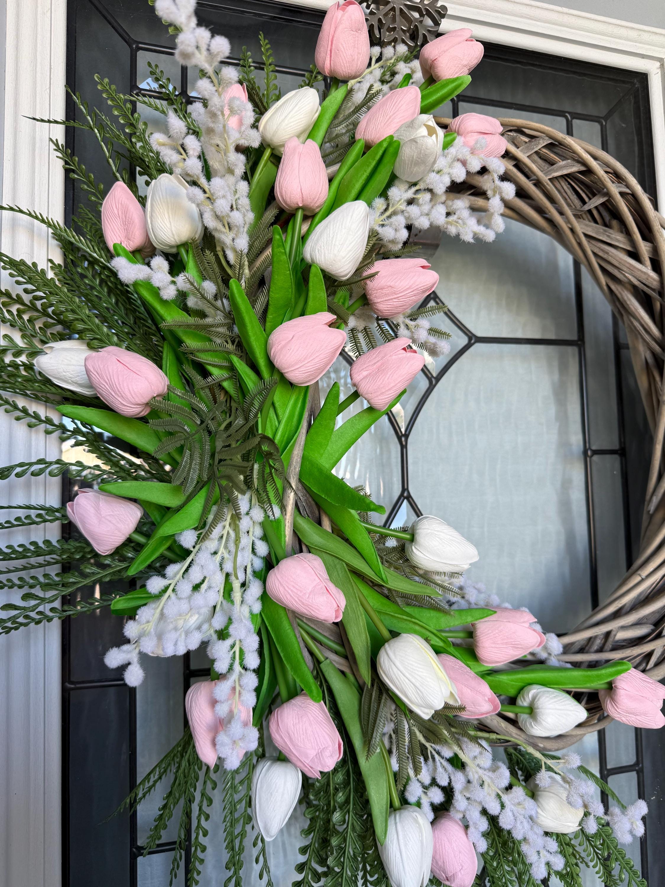 Spring Tulip Wreath for Front Door, Pink and White Floral Door Wreath ...
