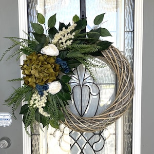 Year round wreath for front door, Everyday wreaths, Hydrangea Wreath, Farmhouse Decor.