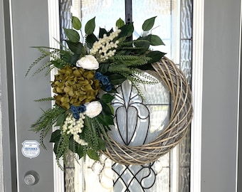 Year round wreath for front door, Everyday wreaths, Hydrangea Wreath, Farmhouse Decor.
