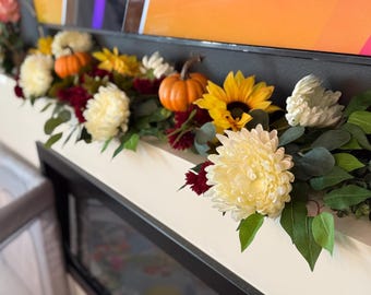 Fall Garland for Fireplace Mantel – Autumn Floral Garland with Pumpkins, Sunflowers & Mums – Thanksgiving Mantel Decor, Fall Centerpiece