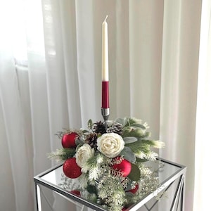 Christmas Candle Centerpiece with Red Ornaments & Pinecones | Holiday Table Decor | Winter Floral Arrangement | Gift for Her | Dining table