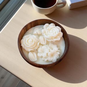 Flower Candle in Wooden Bowl – Handmade Soy Wax Rose and Peony Decor