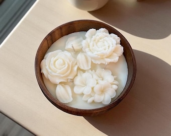 Flower Candle in Wooden Bowl – Handmade Soy Wax Rose and Peony Decor