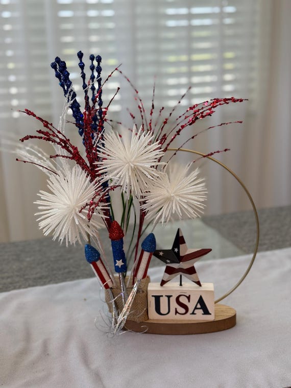 Patriotic centerpiece for table, Red white and blue, Americana decor, USA decor, 4th of July, American flag decor, firework decorations