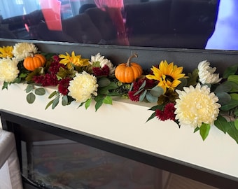 Fall Garland for Fireplace Mantel – Autumn Floral Garland with Pumpkins, Sunflowers & Mums – Thanksgiving Mantel Decor, Fall Centerpiece