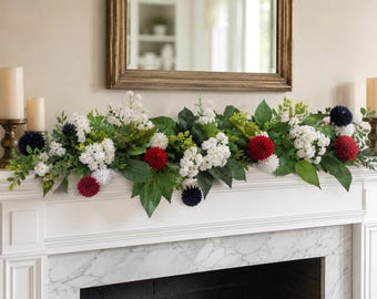 Patriotic Floral Garland or Centerpiece, Red White and Blue Table Decor, 4th of July Mantel Decor, Memorial Day Americana Decoration