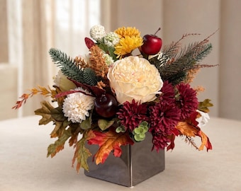 Fall Floral Arrangement, Thanksgiving Centerpiece, Autumn Table Decor, Burgundy & Mustard Flower Arrangement, Fall Home Decor