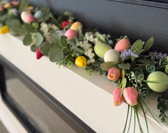 Easter garland with eggs, Easter eucalyptus garland, Tulip arrangement, Easter floral arrangement, Spring Garland Mantel, Fireplace garland