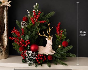 Elegant Christmas Reindeer Centerpiece with Red Berries and Pine Greenery for Mantel, Shelf or Holiday Table Decor