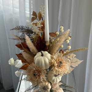 Fall Candle Centerpiece – Pumpkin Table Decor – Thanksgiving Arrangement – Cream & Beige Autumn Decor – Rustic Fall Tabletop – Mantel decor