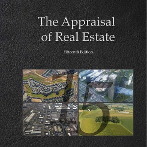 Pode incluir: A capa do livro "The Appraisal of Real Estate, Décima Quinta Edição" com uma colagem de fotografias aéreas de diferentes tipos de imóveis.