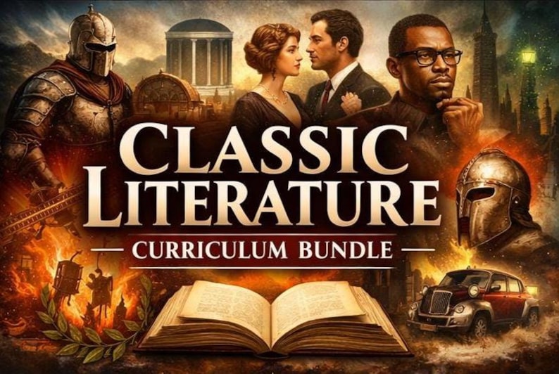 Pu&ograve; includere: Immagine illustrata che promuove un "Classic Literature Curriculum Bundle". L'immagine presenta un libro, personaggi storici e il testo "CLASSIC LITERATURE CURRICULUM BUNDLE". La tavolozza dei colori include toni caldi di marrone, oro e rosso.