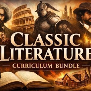 Pu&ograve; includere: Illustrazione digitale che promuove un "Pacchetto di curriculum di letteratura classica". L'immagine presenta figure storiche, elementi architettonici e strumenti letterari. Il titolo &egrave; ben visibile con un libro aperto e un orologio vintage.