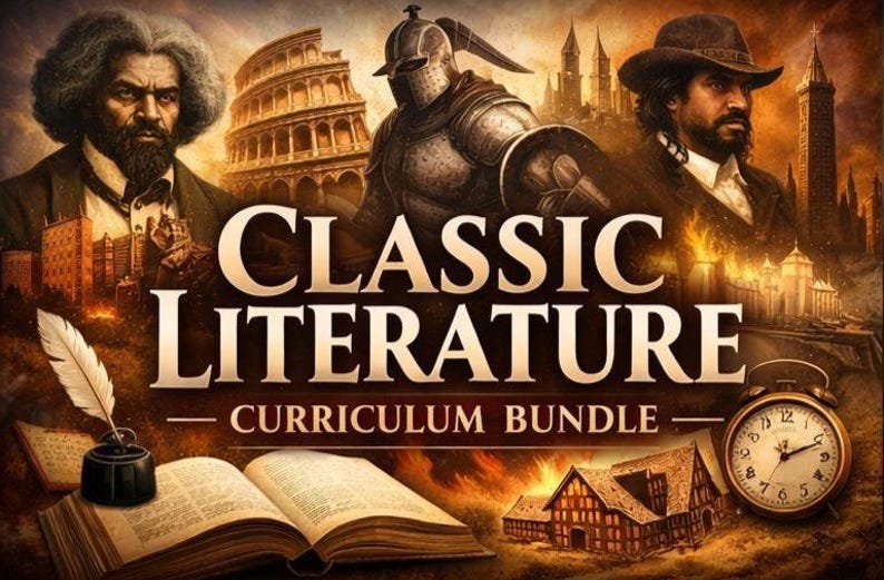 Pu&ograve; includere: Illustrazione digitale che promuove un "Pacchetto di curriculum di letteratura classica". L'immagine presenta figure storiche, elementi architettonici e strumenti letterari. Il titolo &egrave; ben visibile con un libro aperto e un orologio vintage.