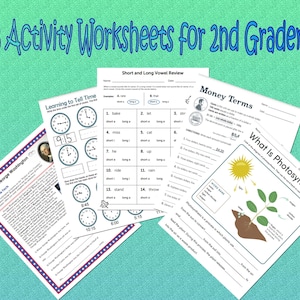 May include: A set of 33 printable worksheets for second graders. The worksheets cover topics such as telling time, short and long vowel review, money terms, and photosynthesis. The worksheets are designed to be engaging and educational for young learners.