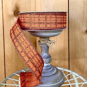 1,5” Wired ribbon, plaid ribbon, ribbon for wreaths, wreath supplies, orange ribbon, fall ribbon, wreath embellishments, checked ribbon,