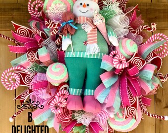 Christmas wreath, front door wreath, whimsical decoration, candy wreath, wreath with snowman, extra large wreath,pink wreath, holiday decor