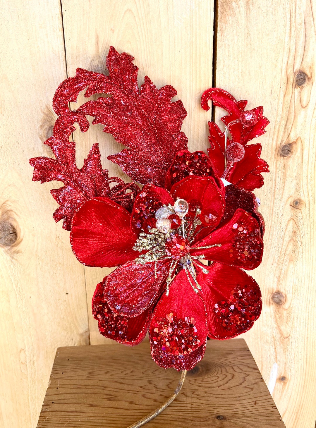 Red Magnolia Spray Glitter Flower Jewel Wreath Supplies Etsy