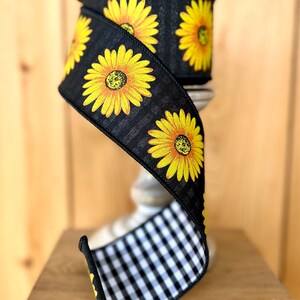 2.5 inch 10 yards Wired ribbon, ribbon with sunflowers, ribbon for wreaths, wreath supplies, black and white ribbon, wreath embellishments