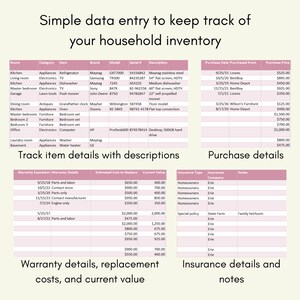 Puede incluir: Una hoja de c&aacute;lculo detallada para el inventario del hogar, con detalles de los art&iacute;culos, informaci&oacute;n de compra, datos de garant&iacute;a y notas de seguro. Incluye categor&iacute;as como electrodom&eacute;sticos, electr&oacute;nica y muebles.
