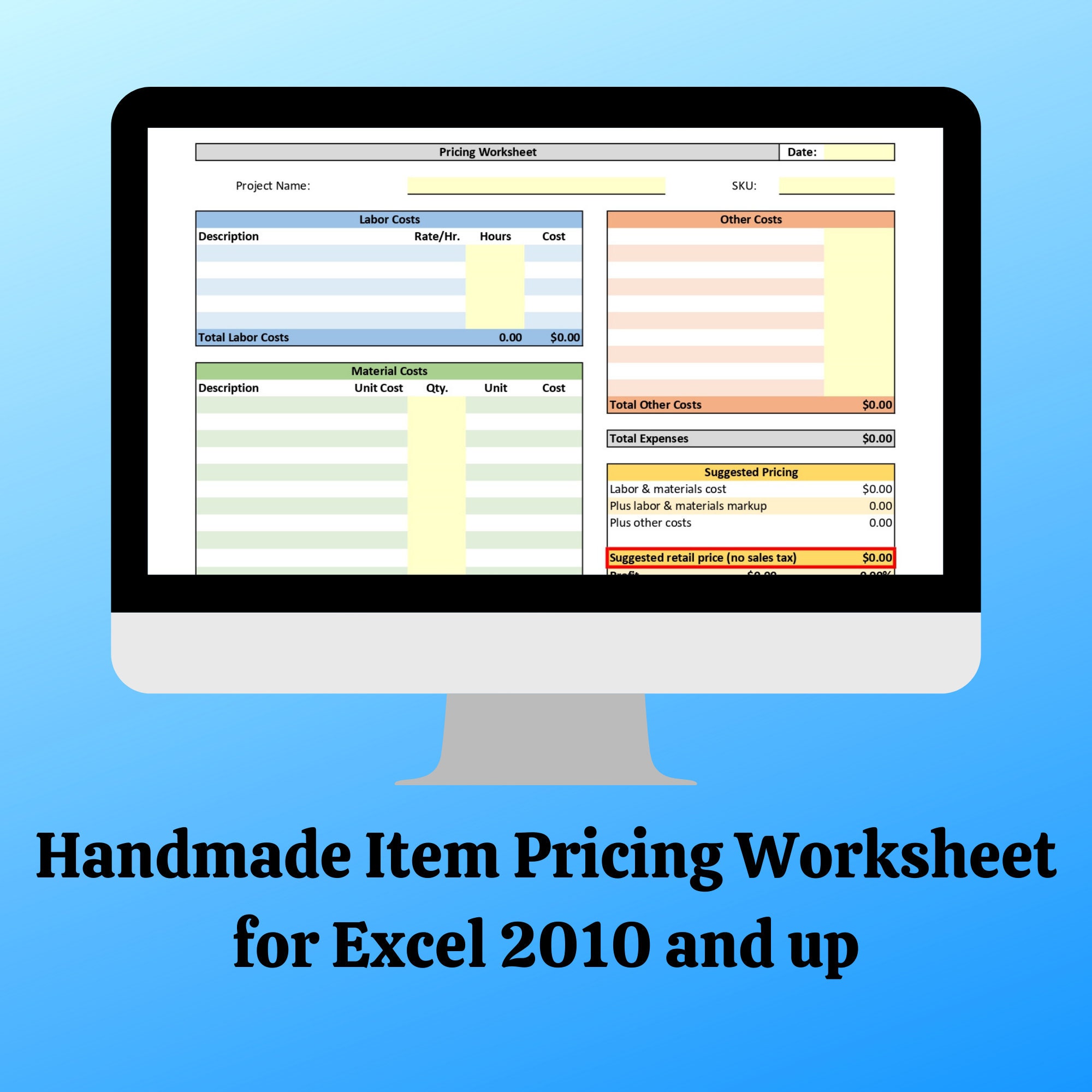 Handmade Item Pricing Worksheet, Pricing Calculator, Excel Template
