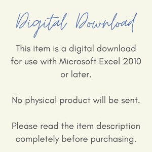 Puede incluir: Fondo color crema con texto azul en cursiva que dice "Digital Download". El texto de abajo indica que es una descarga digital para usar con Microsoft Excel 2010 o posterior. Tambi&eacute;n indica que no se enviar&aacute; ning&uacute;n producto f&iacute;sico.