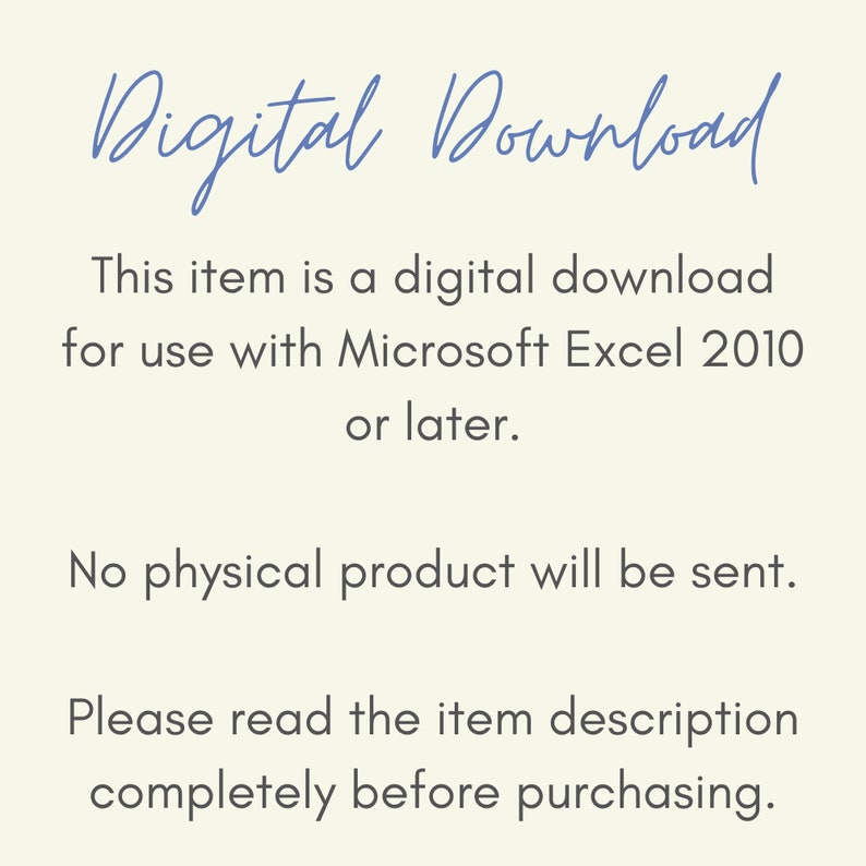 Puede incluir: Fondo color crema con texto azul en cursiva que dice "Digital Download". El texto de abajo indica que es una descarga digital para usar con Microsoft Excel 2010 o posterior. Tambi&eacute;n indica que no se enviar&aacute; ning&uacute;n producto f&iacute;sico.