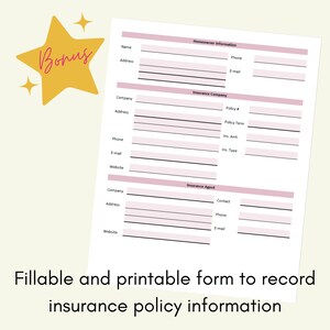 Puede incluir: Un formulario rellenable e imprimible para registrar informaci&oacute;n de p&oacute;lizas de seguro. El formulario tiene secciones para informaci&oacute;n del propietario, la compa&ntilde;&iacute;a de seguros y el agente de seguros. El formulario es blanco con detalles en rosa.