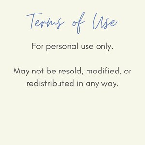 Puede incluir: Fondo color crema con el texto "Terms of Use" en escritura azul. El texto debajo dice "For personal use only. May not be resold, modified, or redistributed in any way."