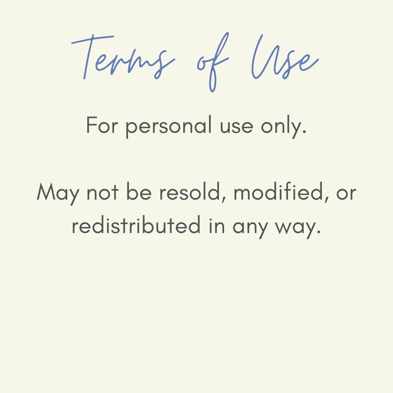 Puede incluir: Fondo color crema con el texto "Terms of Use" en escritura azul. El texto debajo dice "For personal use only. May not be resold, modified, or redistributed in any way."