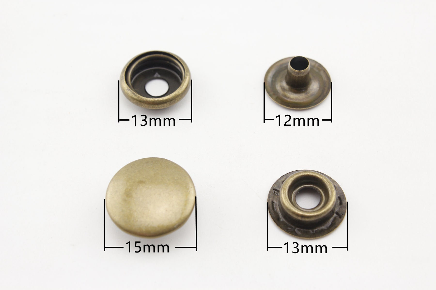 SN10B11 Snap Button, Cap 10mm, S-Spring Socket, Natural Brass