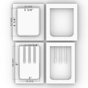 May include: Four white plastic molds for making soap. The molds are rectangular with rounded corners. The molds are labeled with measurements in inches. The molds are arranged in a grid pattern.