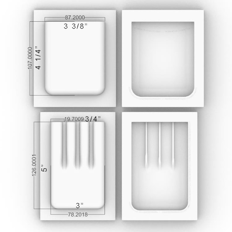 May include: Four white plastic molds for making soap. The molds are rectangular with rounded corners. The molds are labeled with measurements in inches. The molds are arranged in a grid pattern.